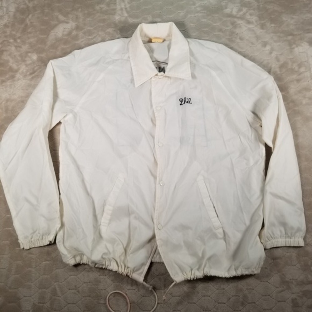VTG Chalk Line Mens‎ XL White Button Up Coaches Jacket Chain Stitched Look
